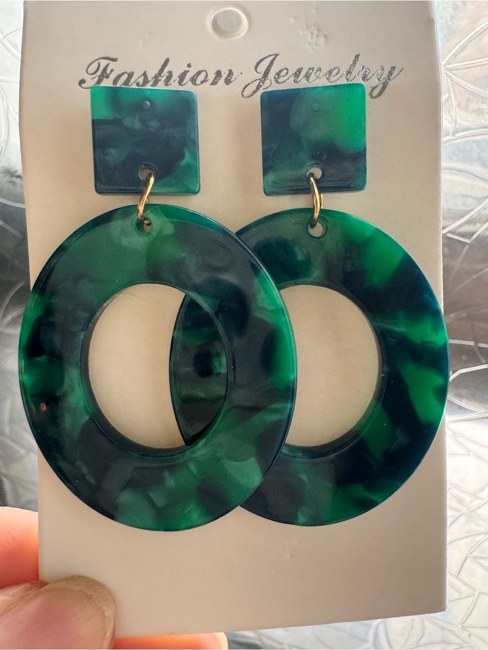 Fashion Jewelry Dark Green & Teal Marbled Hoop Drop Earrings
